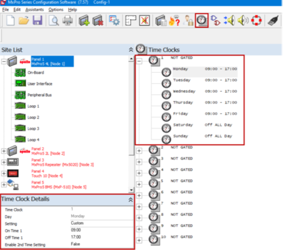 Screenshot showing how to program time clocks on MxPro 5