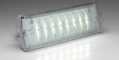 Mor-LED bulkhead luminaire, a polycarbonate base combined with a clear fresnel lens