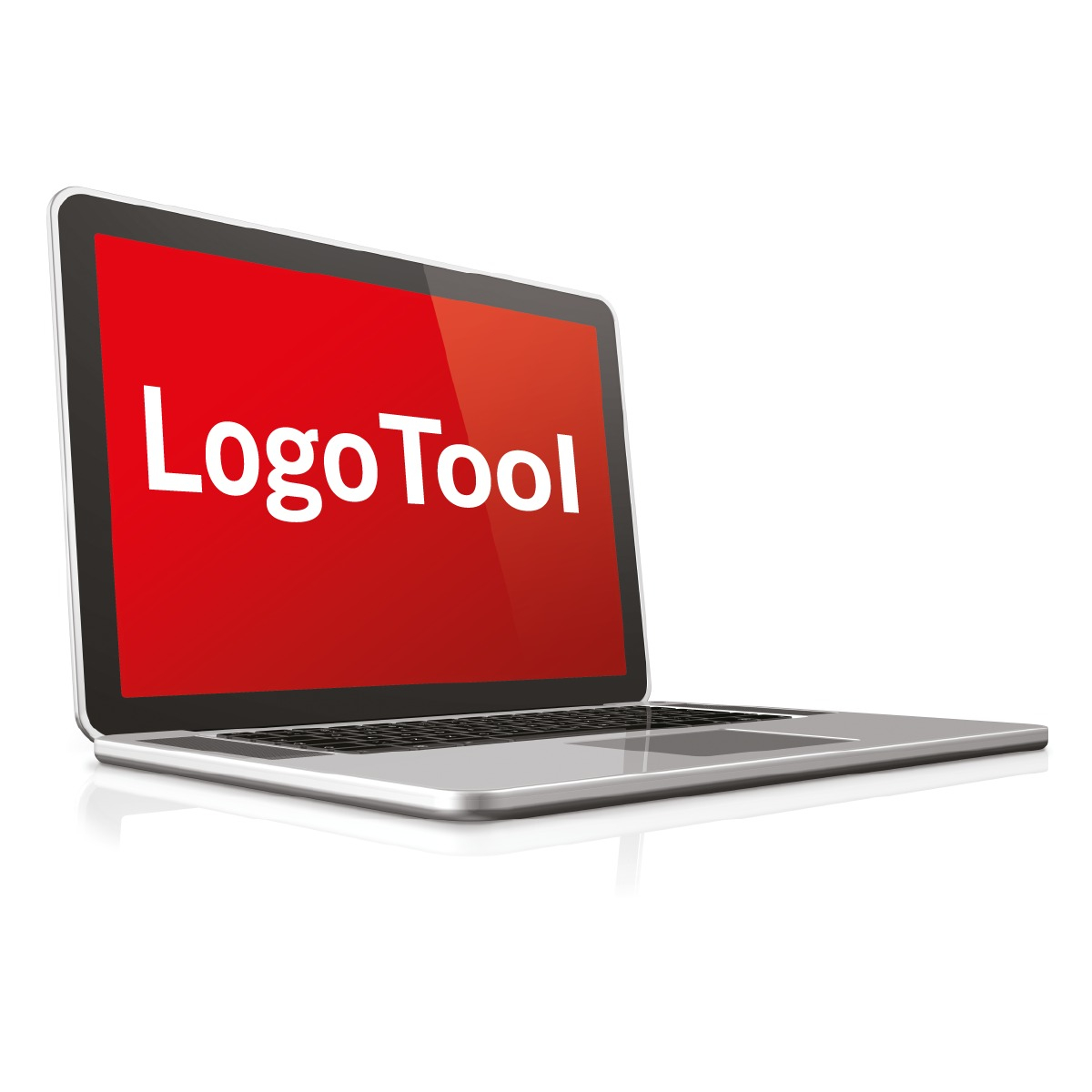 An open laptop displaying a red screen with the text 'LogoTool'
