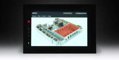TouchControl touchscreen fire alarm panel showing map